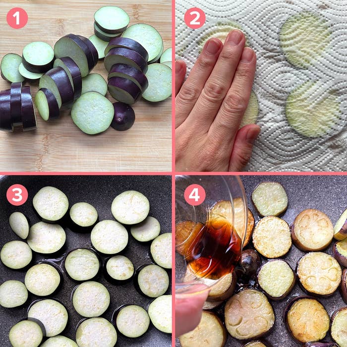 1. ナスを輪切りにする。2. ペーパータオルで水気を取る。3. フライパンで焼く。4. 調味料を加える。