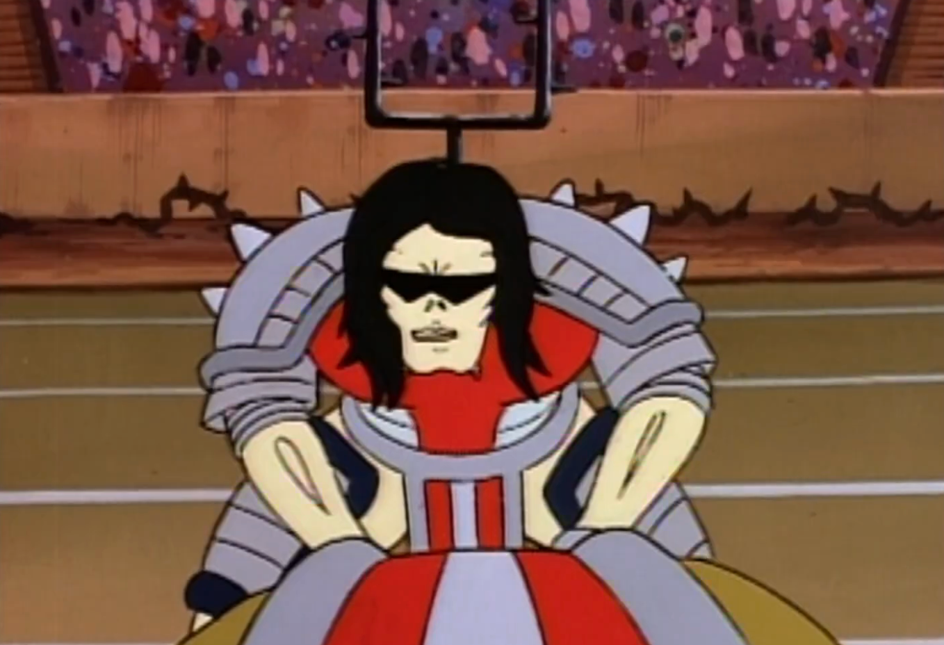 Animated quality with spiky armor and visor, seated astatine a sports lawsuit with a cheering assemblage successful the background
