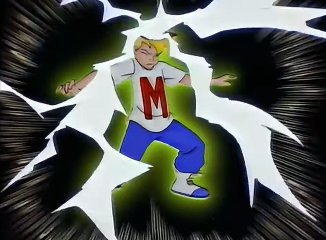 Animated quality with a bold "M" connected the shirt, surrounded by a melodramatic burst of energy, depicting a classical cartoon translation scene