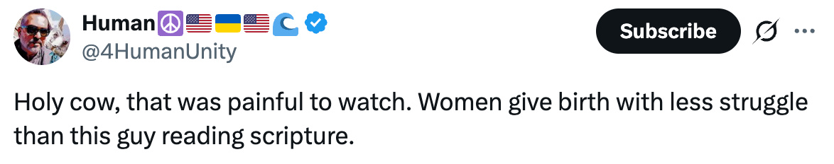 Tweet reads "Holy cow, that was painful to watch. Women give birth with less struggle than this guy reading scripture"