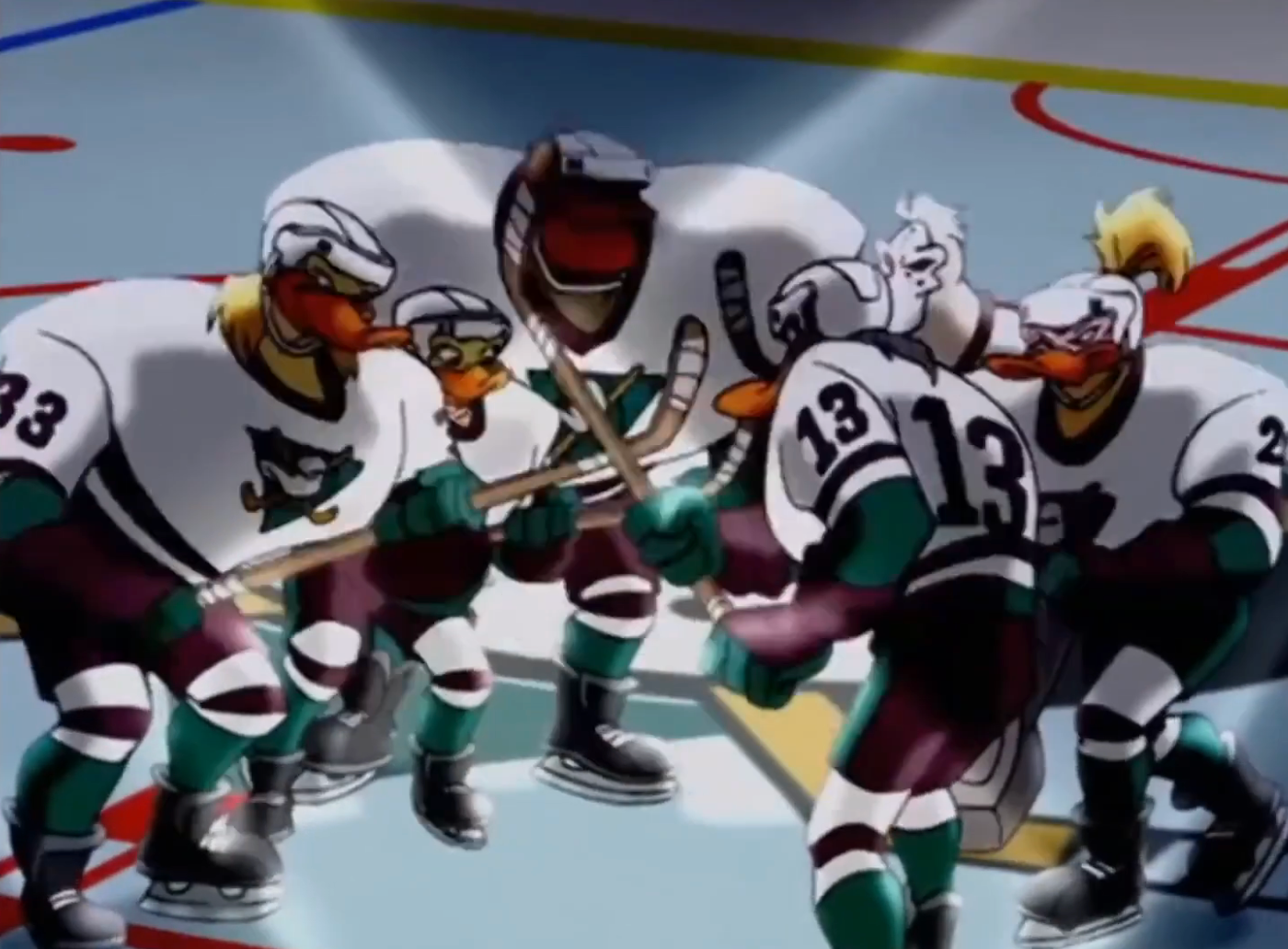 Animated hockey squad of anthropomorphic ducks successful sports cogwheel huddling connected an crystal rink