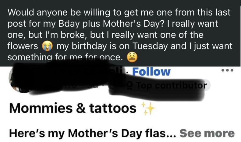 Postingan permintaan kado untuk hari ulang tahun plus hari ibu karena kendala keuangan. Menyebutkan keinginan untuk mendapatkan bunga dan ulang tahun Selasa mendatang