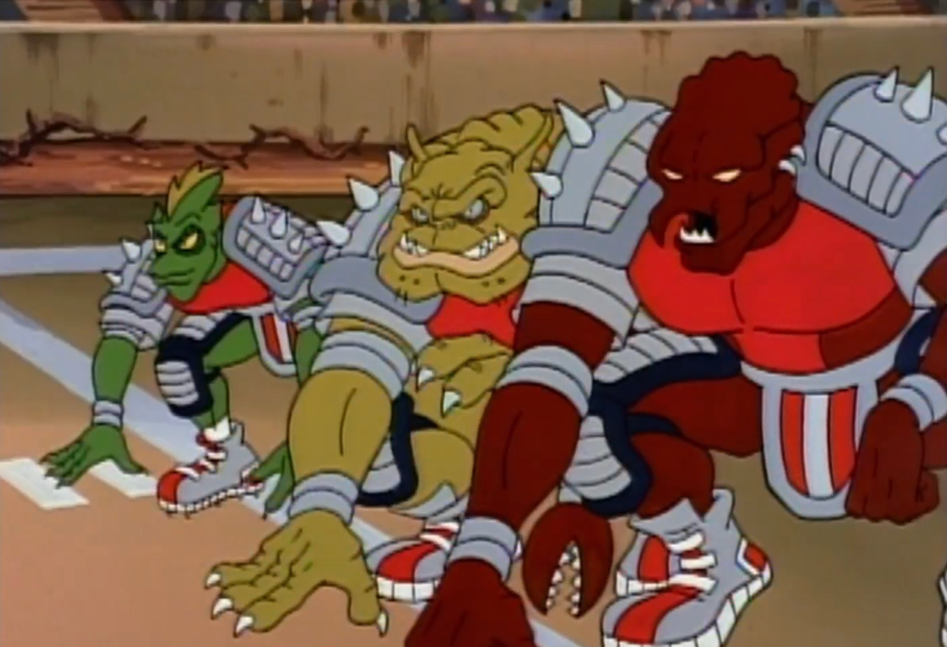 Three animated creatures successful sports gear, wearing armor with spikes, are poised to commencement a contention successful an arena setting