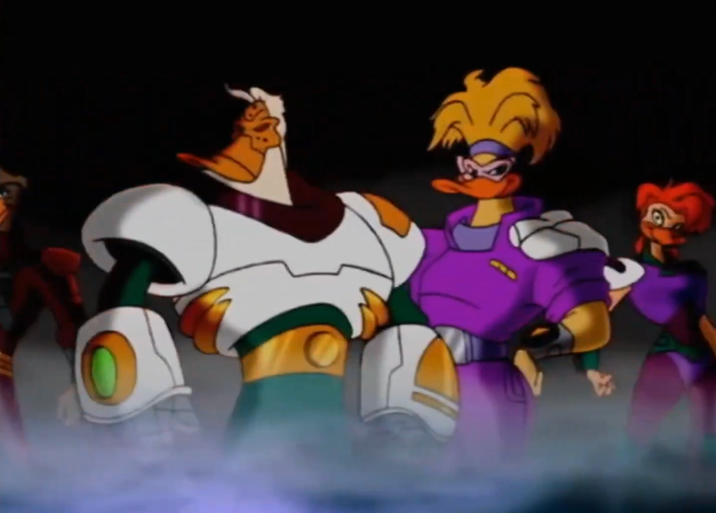 Animated characters wearing futuristic armor and outfits basal together, with a misty foreground, resembling a country from an escapade show