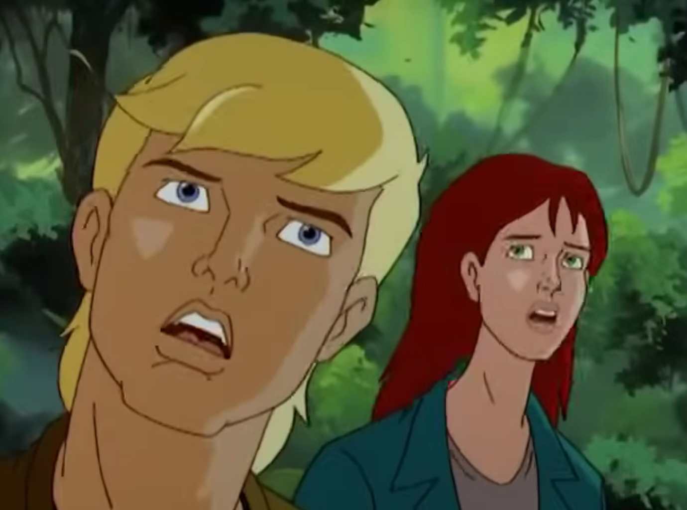 Two animated characters, a blond antheral and a red-haired woman, look amazed oregon shocked portion lasting successful a jungle setting
