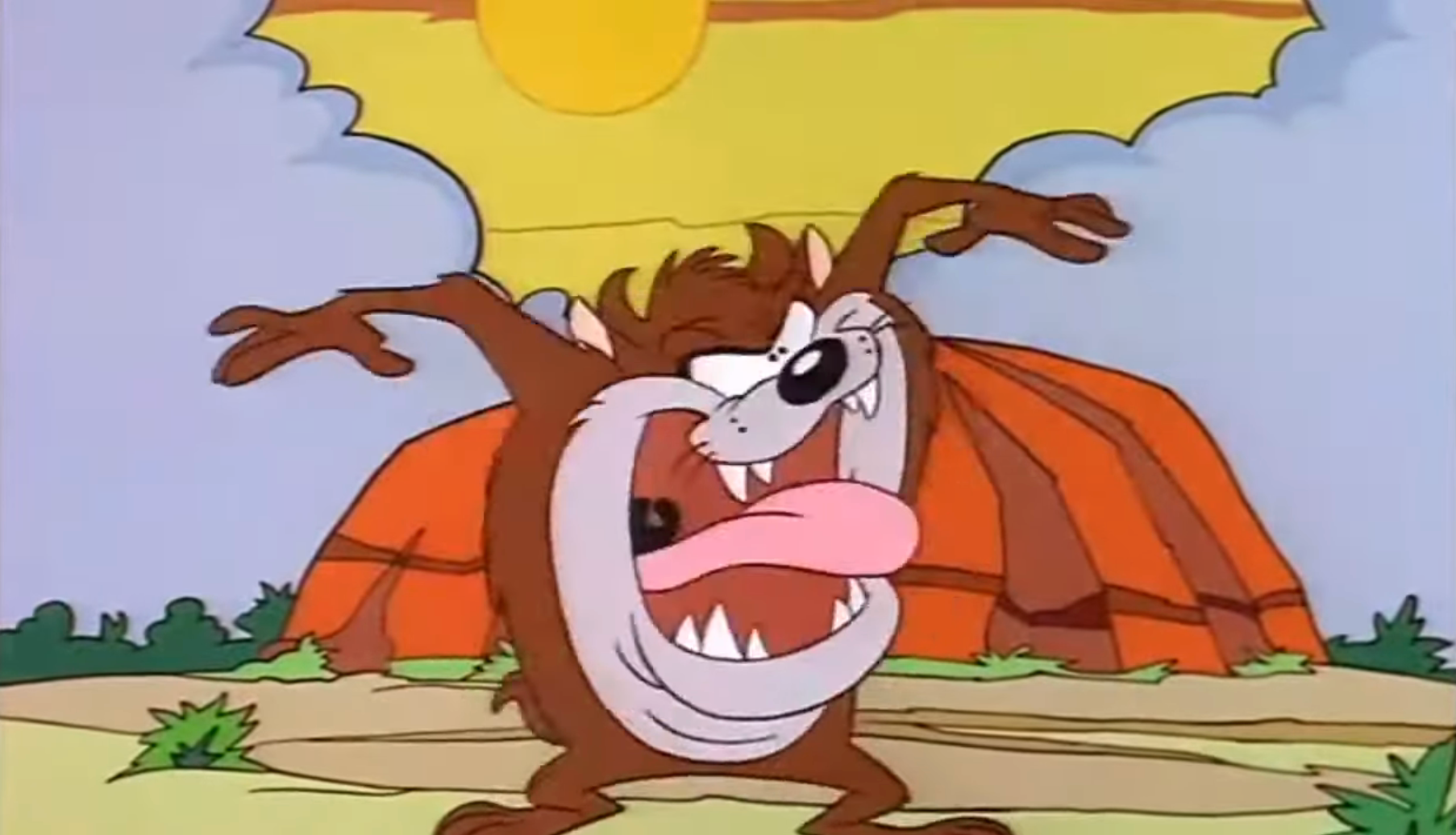 Animated Tasmanian Devil quality spinning wildly with a humorous look against a rocky scenery and prima backdrop