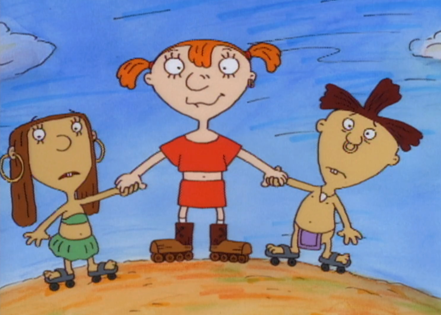 Three animated characters clasp hands connected roller skates, smiling against a bluish sky. They each person chiseled hairstyles and casual outfits