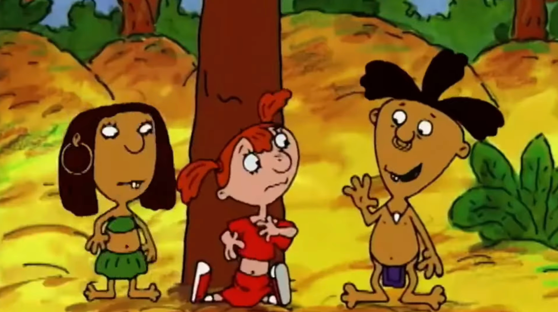 2 girls, 1 with hoops, and a lad with a chiseled hairstyle, chatting outdoors adjacent a tree