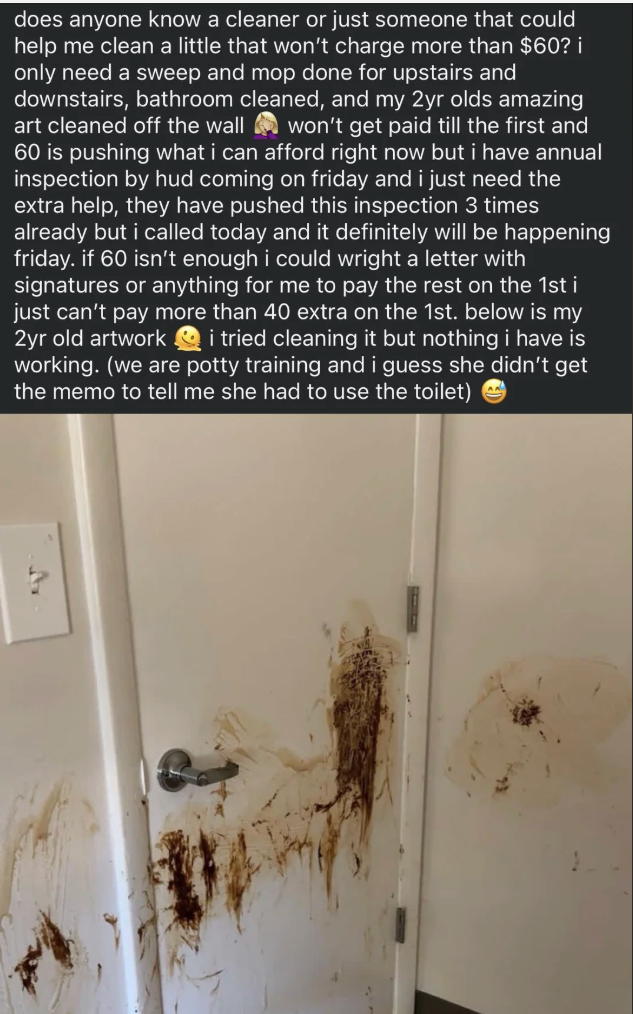 Pesan yang mencari bantuan pembersihan yang terjangkau untuk lantai atas, kamar mandi, dan pembersihan karya seni, menyebutkan batas $60 dan pelatihan toilet anak