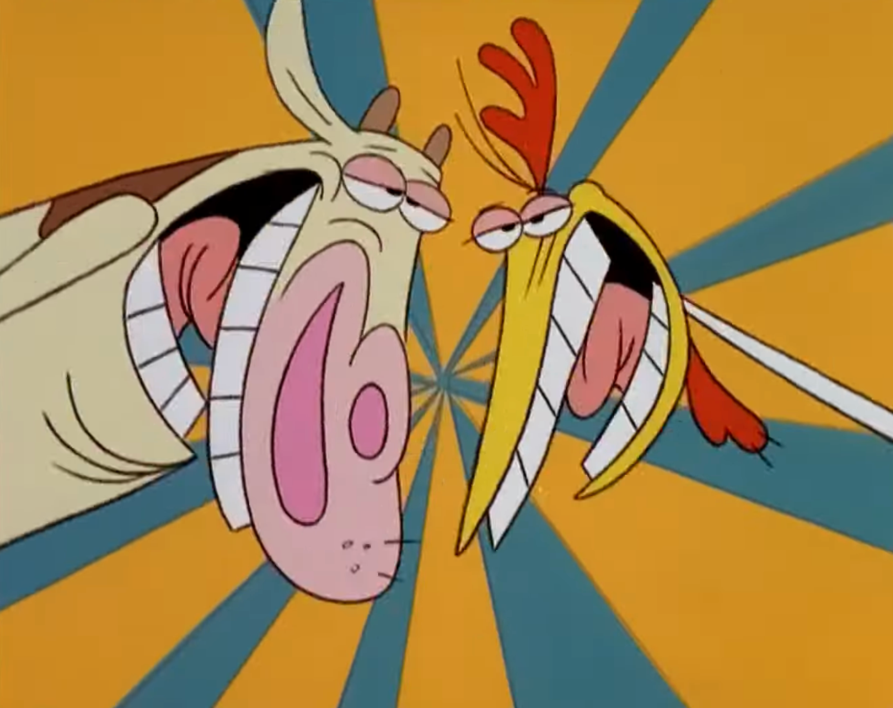 A cartoon cattle and chickenhearted laughter joyously, showing exaggerated facial expressions against a dynamic background
