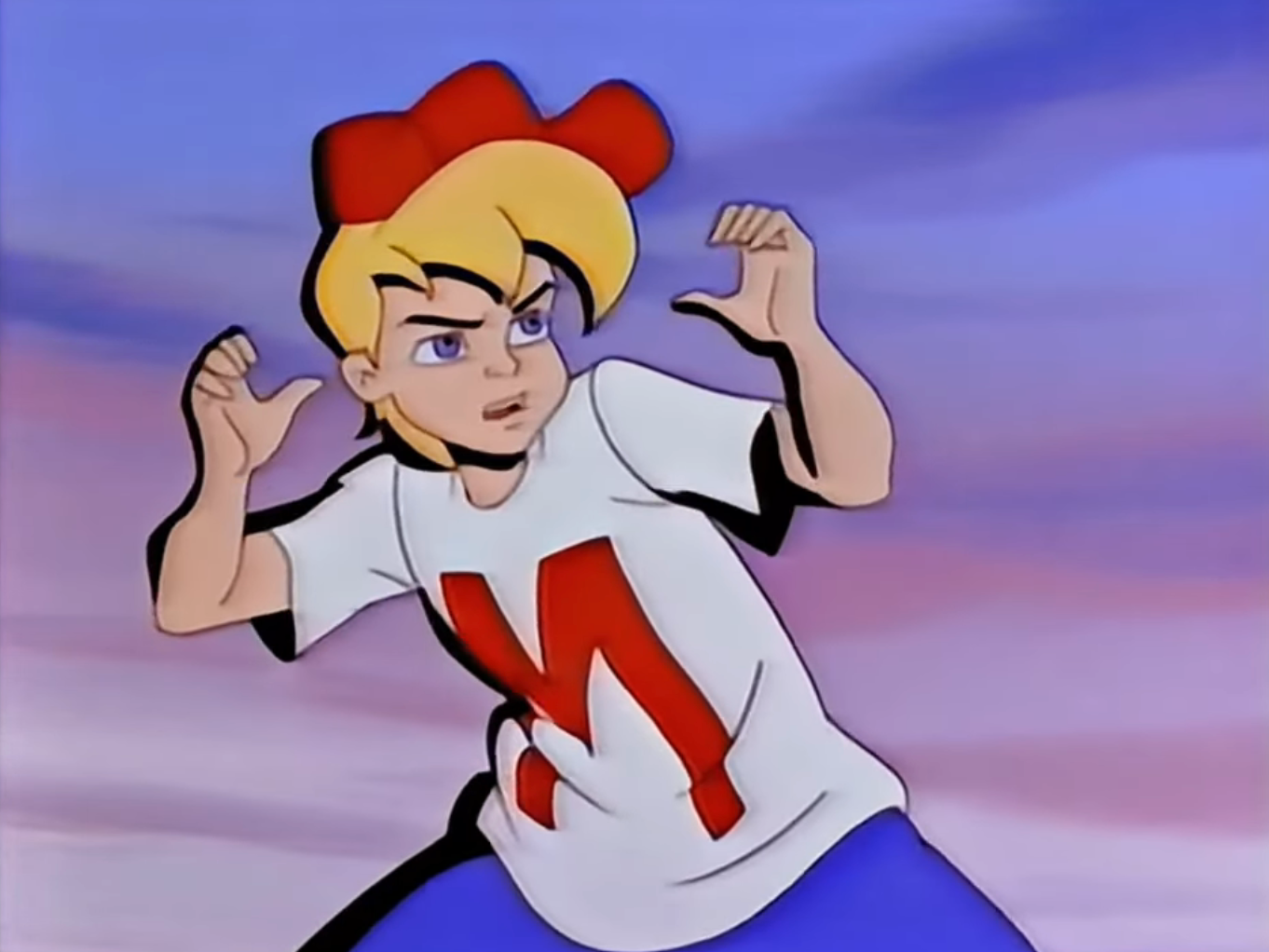 Animated quality successful a dynamic pose, wearing a achromatic T-shirt with a ample reddish 'M'
