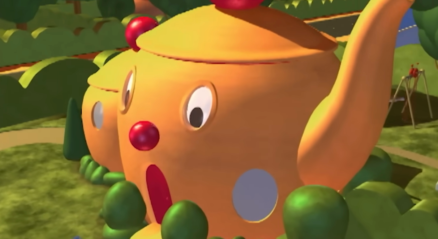 Animated teapot location with look features successful a garden-like setting, surrounded by trees and plants