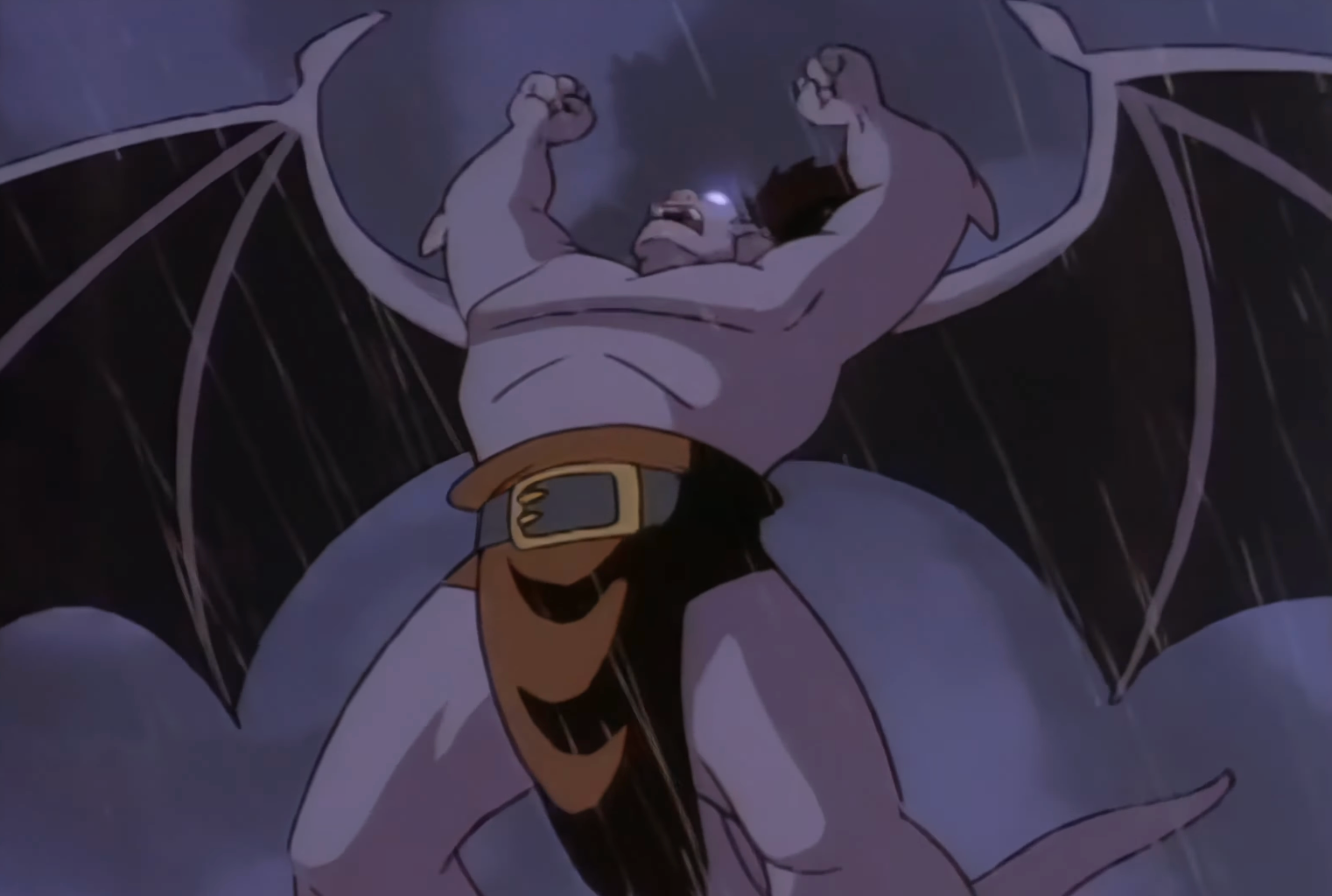 Animated gargoyle quality with wings and glowing eyes, raising arms successful the rain, appears almighty and dramatic