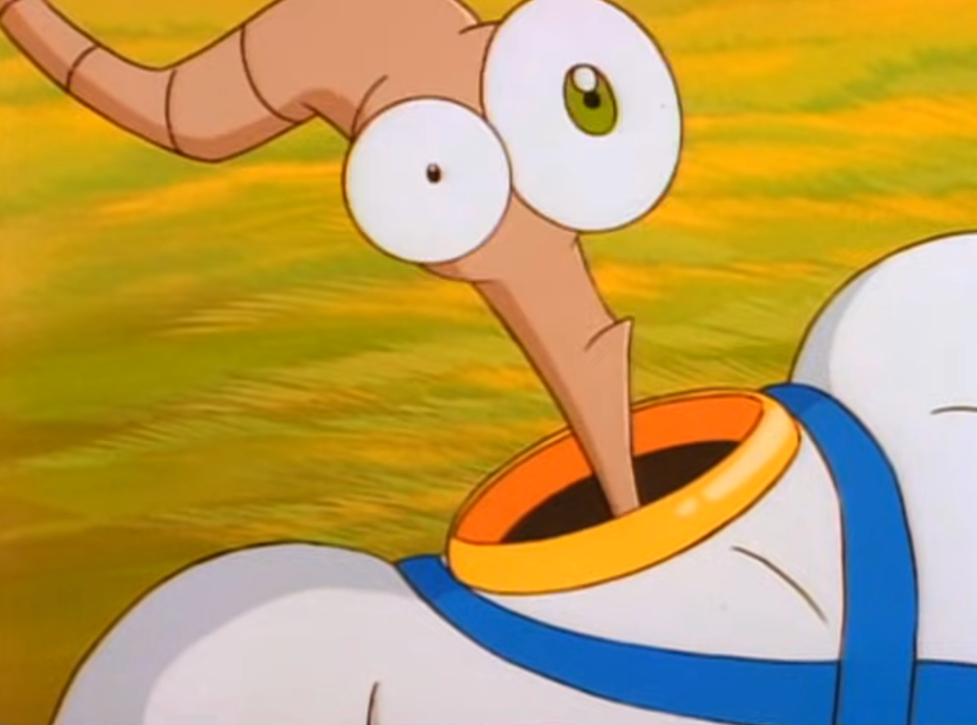 Animated quality with a suit and a worm-like caput looking surprised, from a retro video crippled series