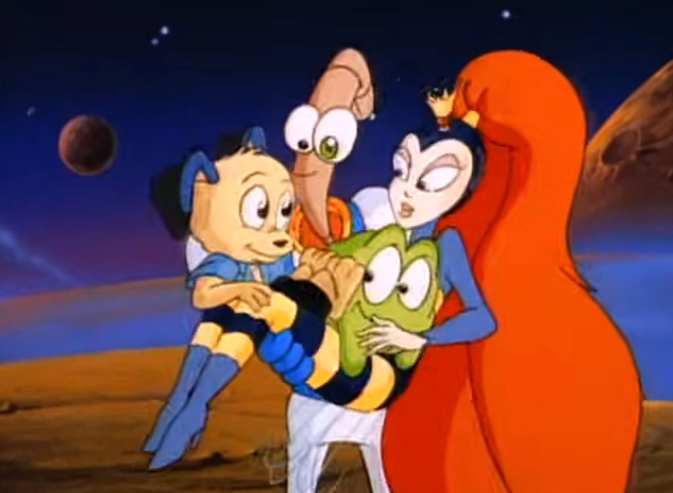 Animated characters airs unneurotic connected a space-themed background, appearing joyful and friendly