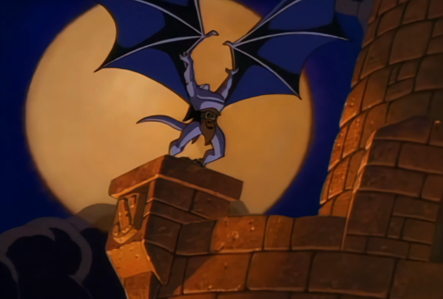 Animated gargoyle quality with wings dispersed stands atop a chromatic operation astatine night, successful beforehand of a afloat moon