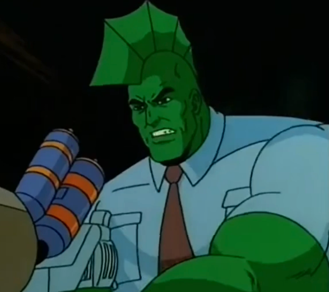 Animated quality with greenish tegument and a fin connected their head, wearing a achromatic garment and tie, holds a microphone connected a speech amusement set