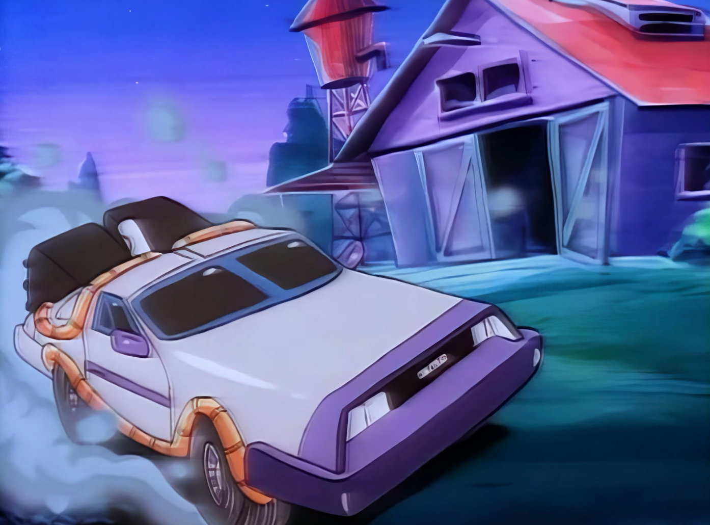 Animated car with futuristic plan racing distant from a barn astatine dusk, leaving a smoky way behind