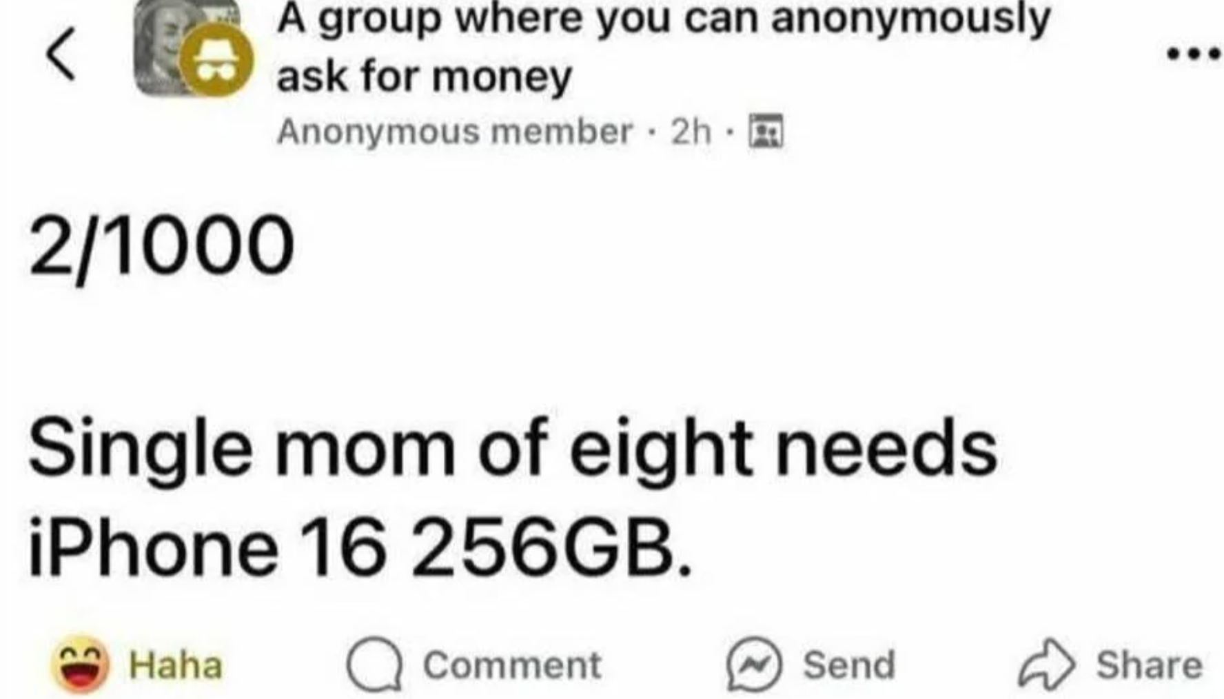 Sebuah postingan media sosial di mana seorang anggota anonim meminta iPhone 16 256GB untuk seorang ibu tunggal beranak delapan