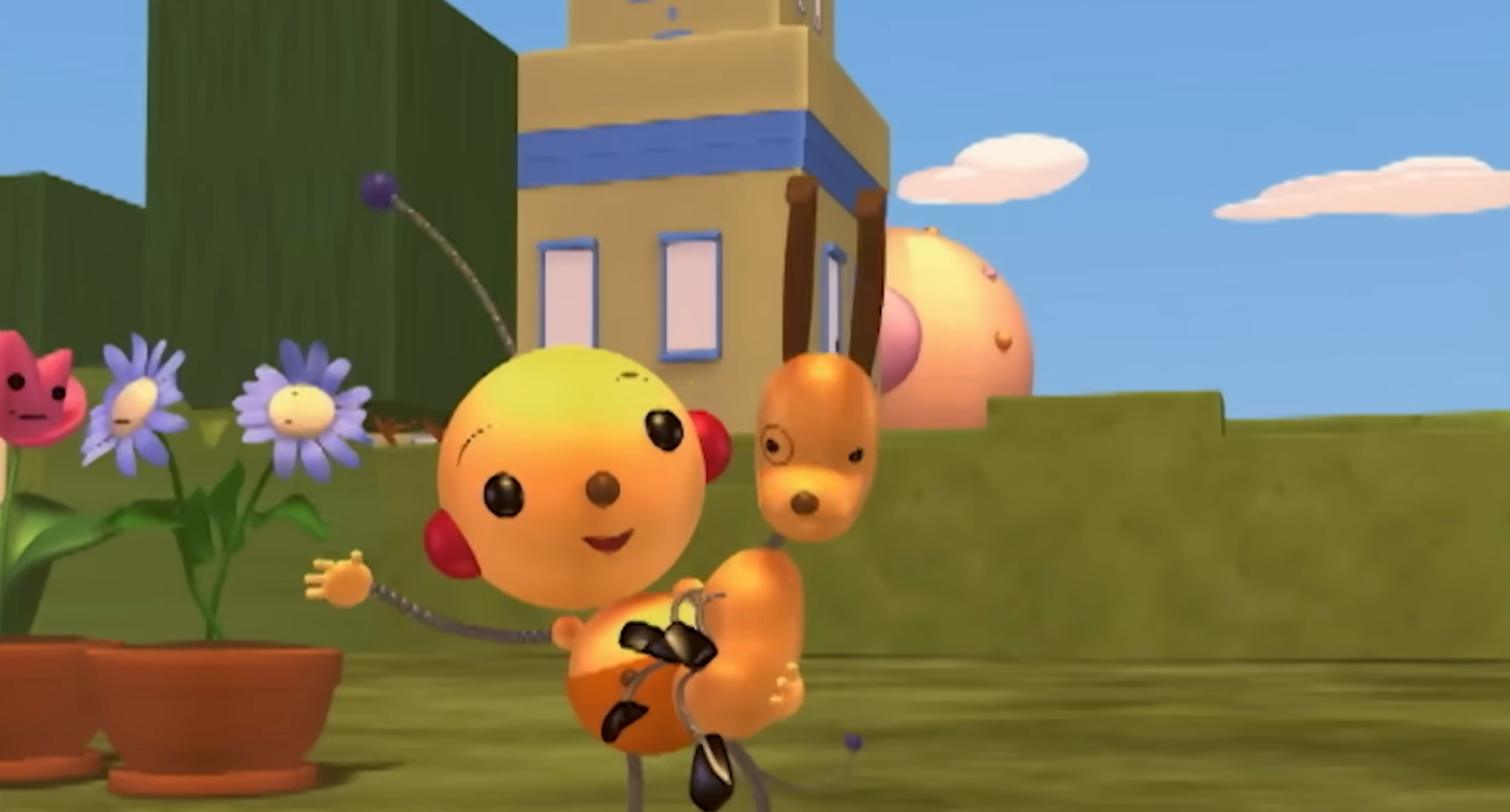 Animated quality with reddish cheeks and antennae, smiling and waving successful a plot with potted plants, against a backdrop of cartoon buildings
