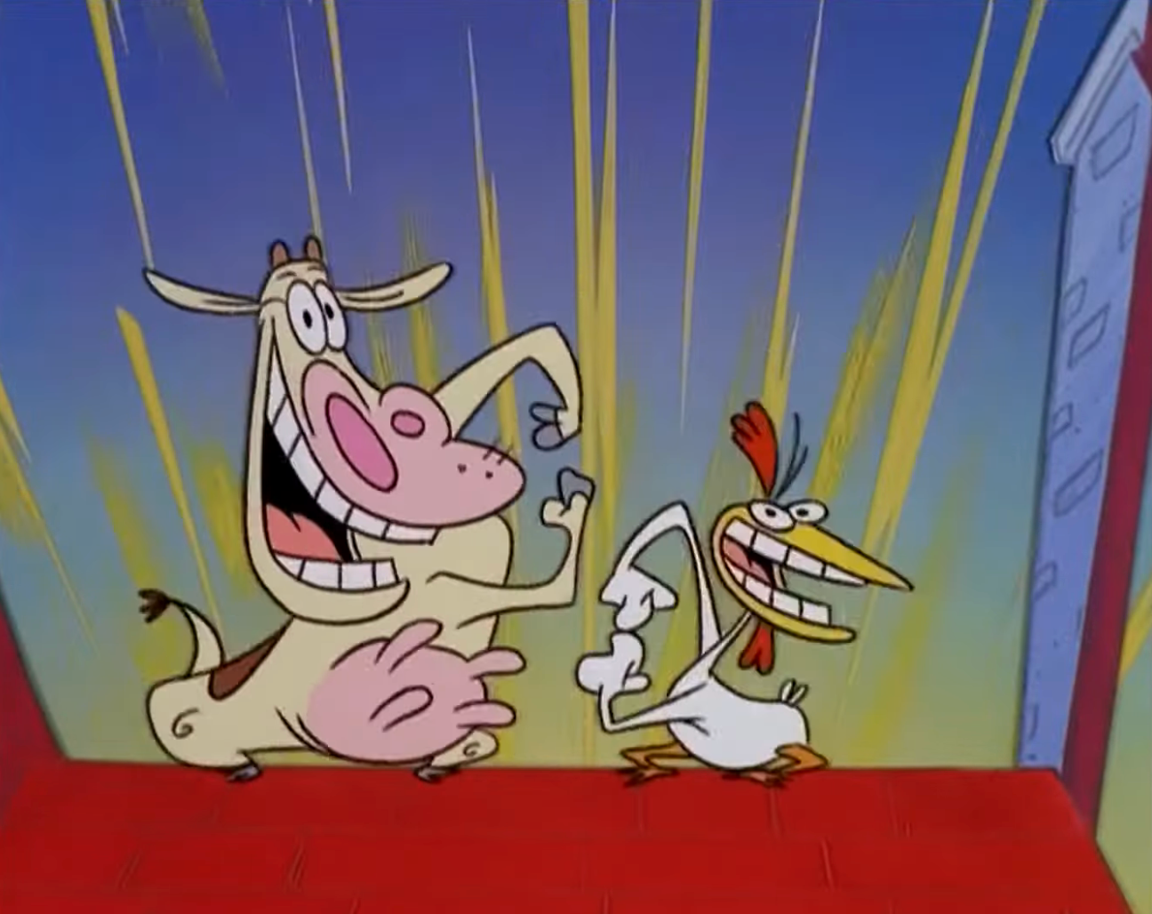A cartoon cattle and chickenhearted creation happily connected a reddish platform, with wide smiles and exaggerated poses