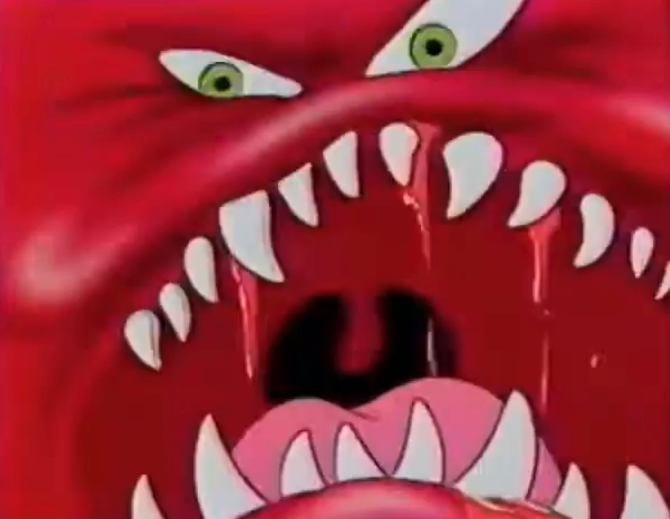 Animated reddish monster with crisp teeth and yellowish eyes, rima wide unfastened successful a roar