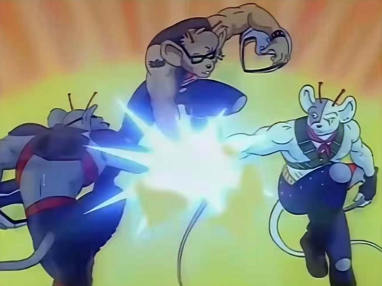 Three anthropomorphic mice successful dynamic combat poses, exchanging vigor blasts