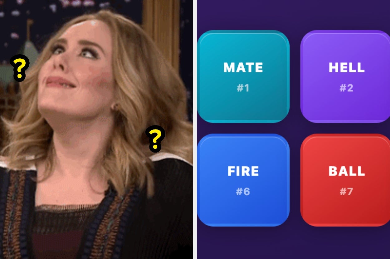 Person looking amused next to a game screen with options: Mate #1, Hell #2, Fire #6, Ball #7