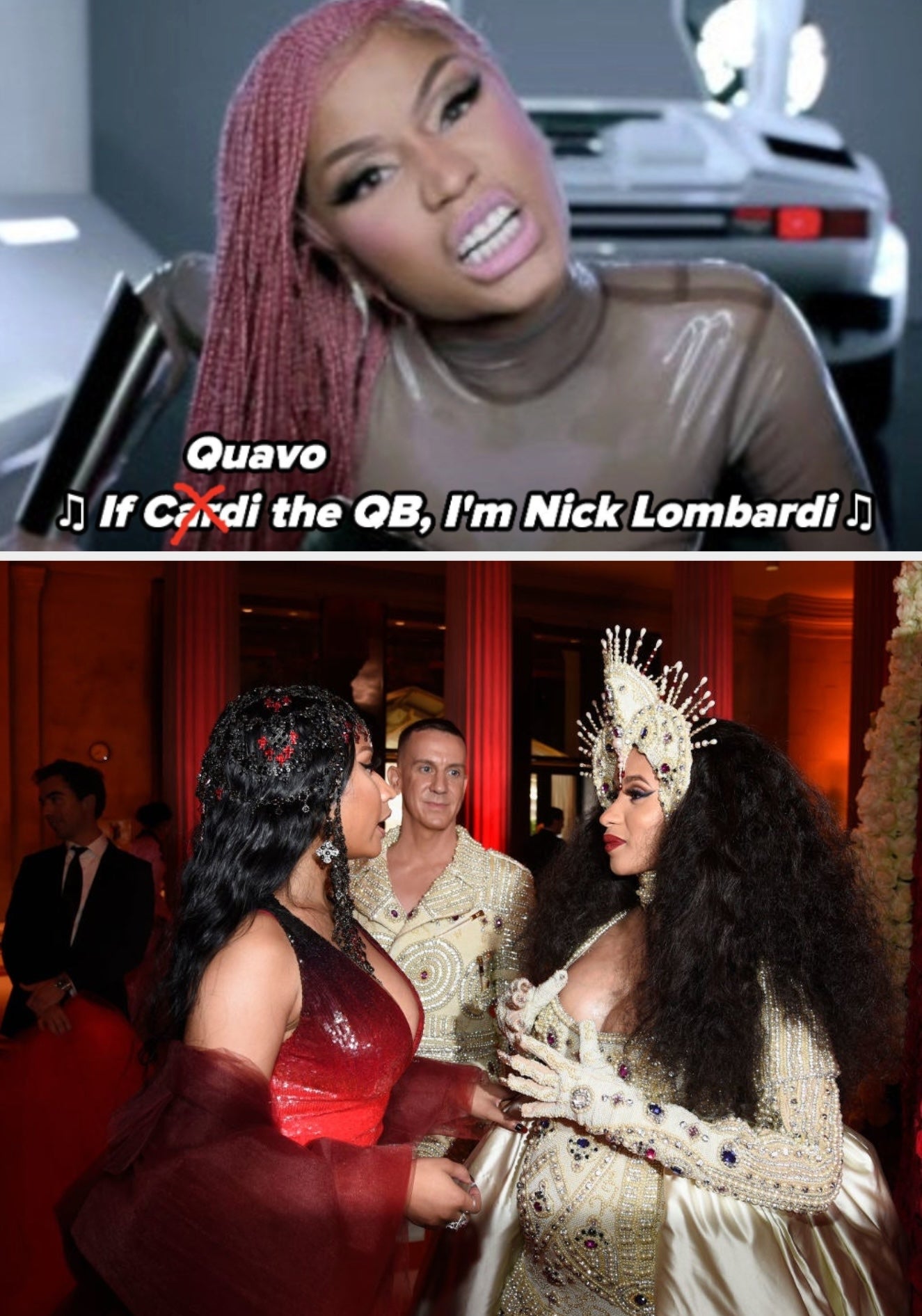 Nicki Minaj rapping successful  the "MotorSport" euphony  video; Minaj and Cardi B astatine  the 2018 Met Gala