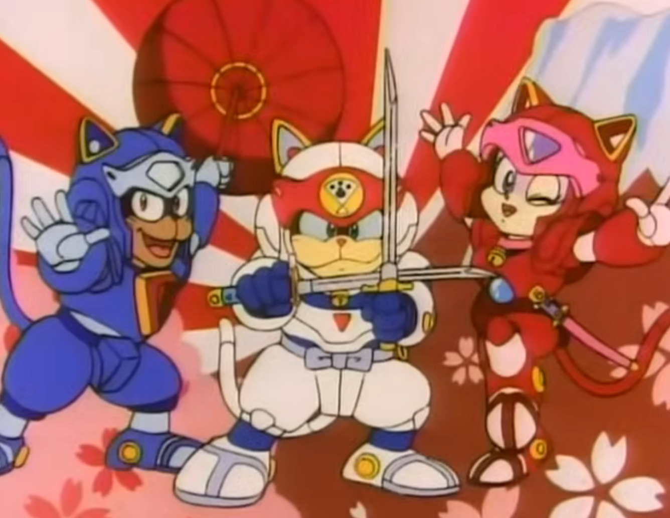 Three animated cats successful samurai armor onslaught dynamic poses with a reddish and achromatic inheritance down them
