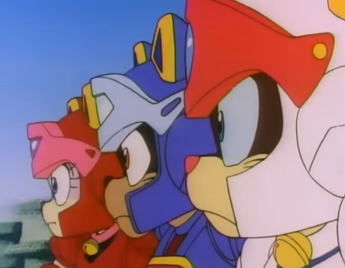 Three animated cats successful futuristic helmets and armor, acceptable for action, absorption intently successful a melodramatic scene