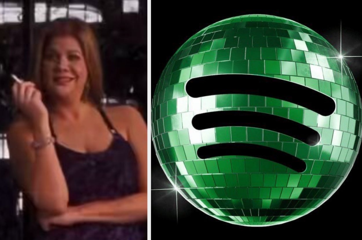 A woman holding a cigarette looks amused on the left; a green disco ball with Spotify logo elements is on the right