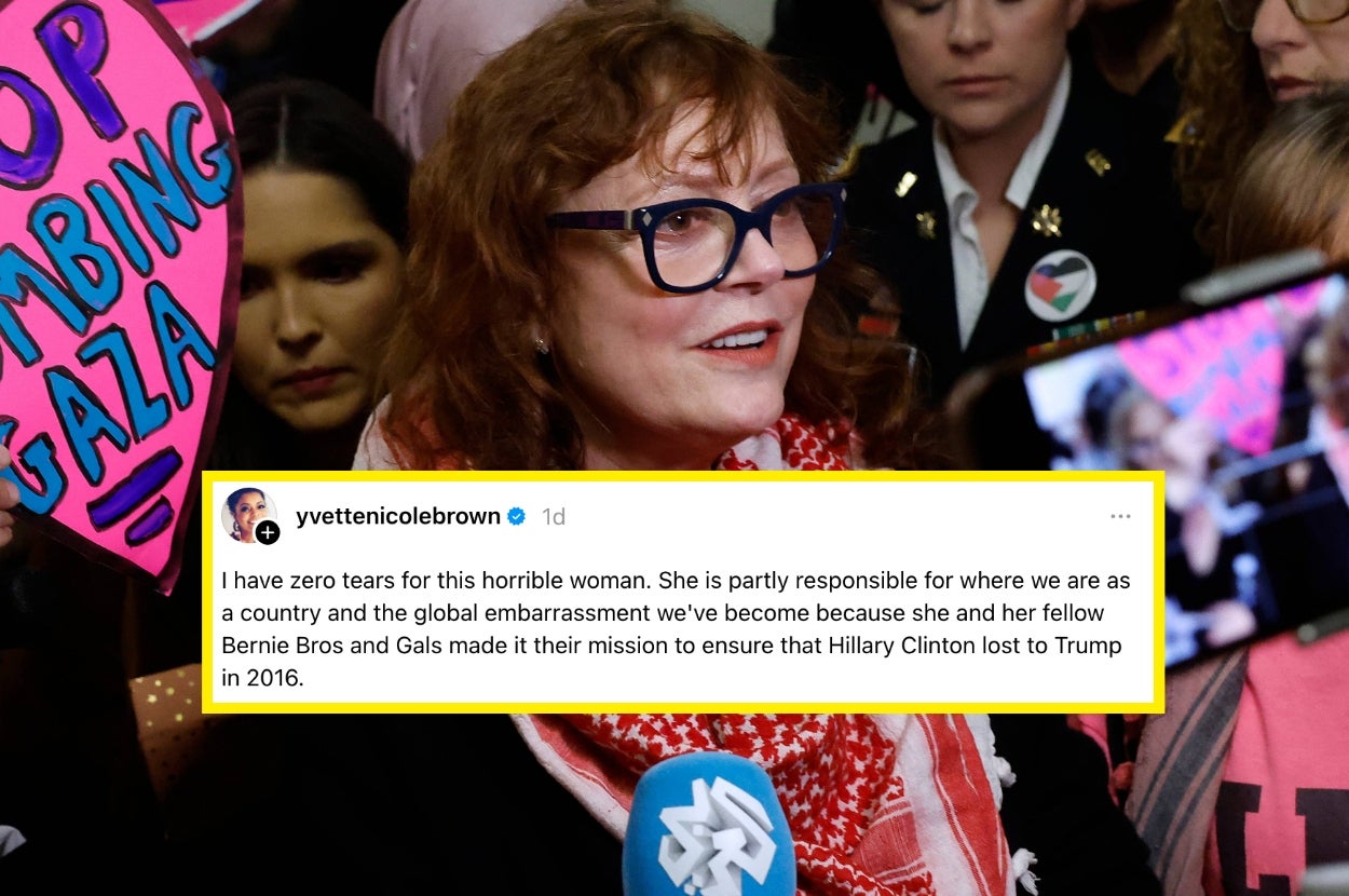 A person wearing a patterned scarf speaks at an event. A highlighted social media post is visible in the foreground