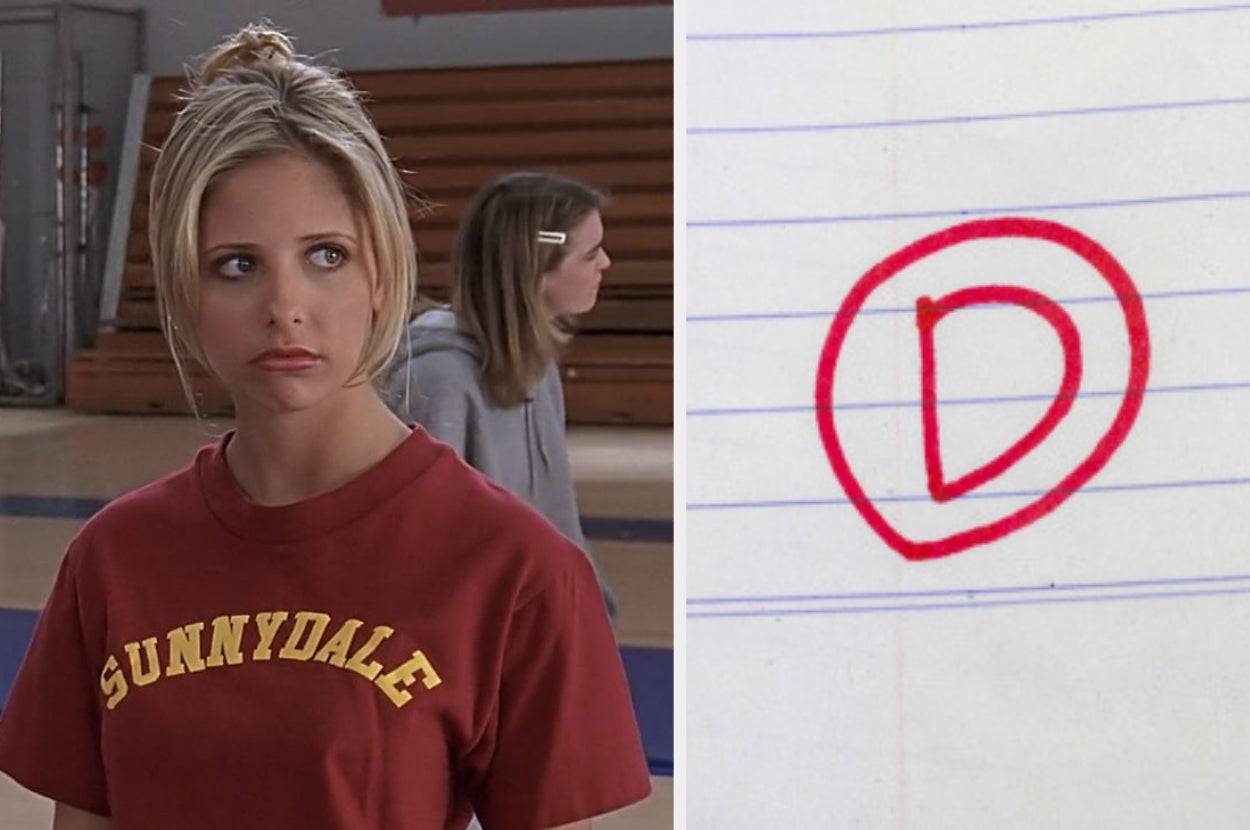 Person in a "Sunnydale" shirt looks concerned next to a paper with a circled grade "D" on it