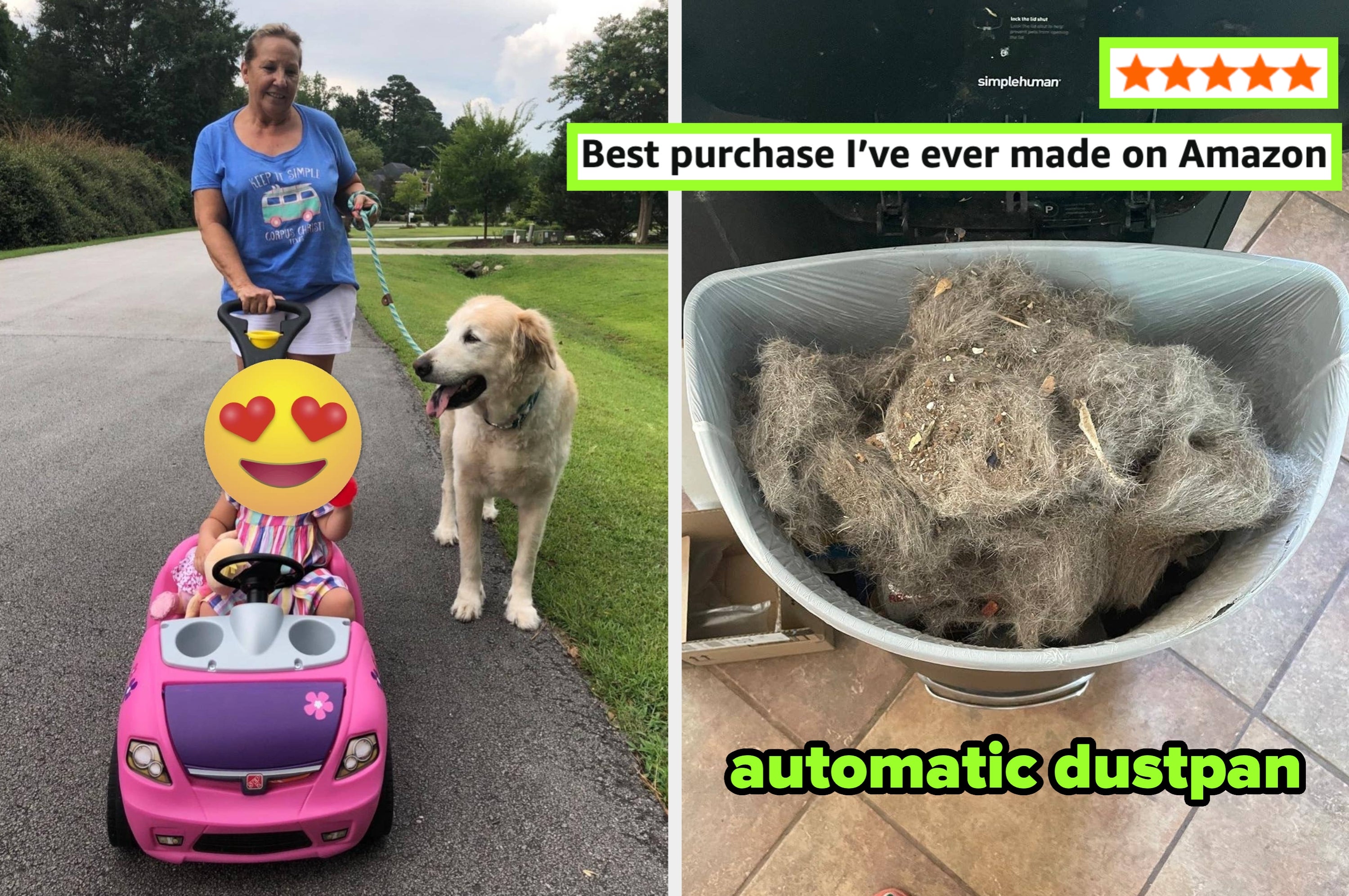 A person uses a push car for a child along with a dog. Next to it, text highlights an "automatic dustpan" as a top Amazon purchase