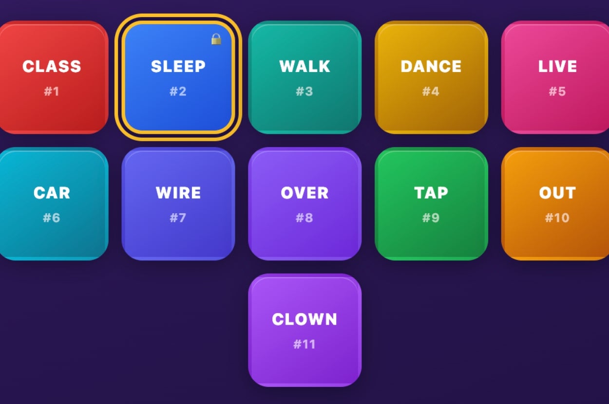 A grid of colorful tiles numbered and labeled with words like "CLASS," "SLEEP," and "CLOWN," suggesting a word association game