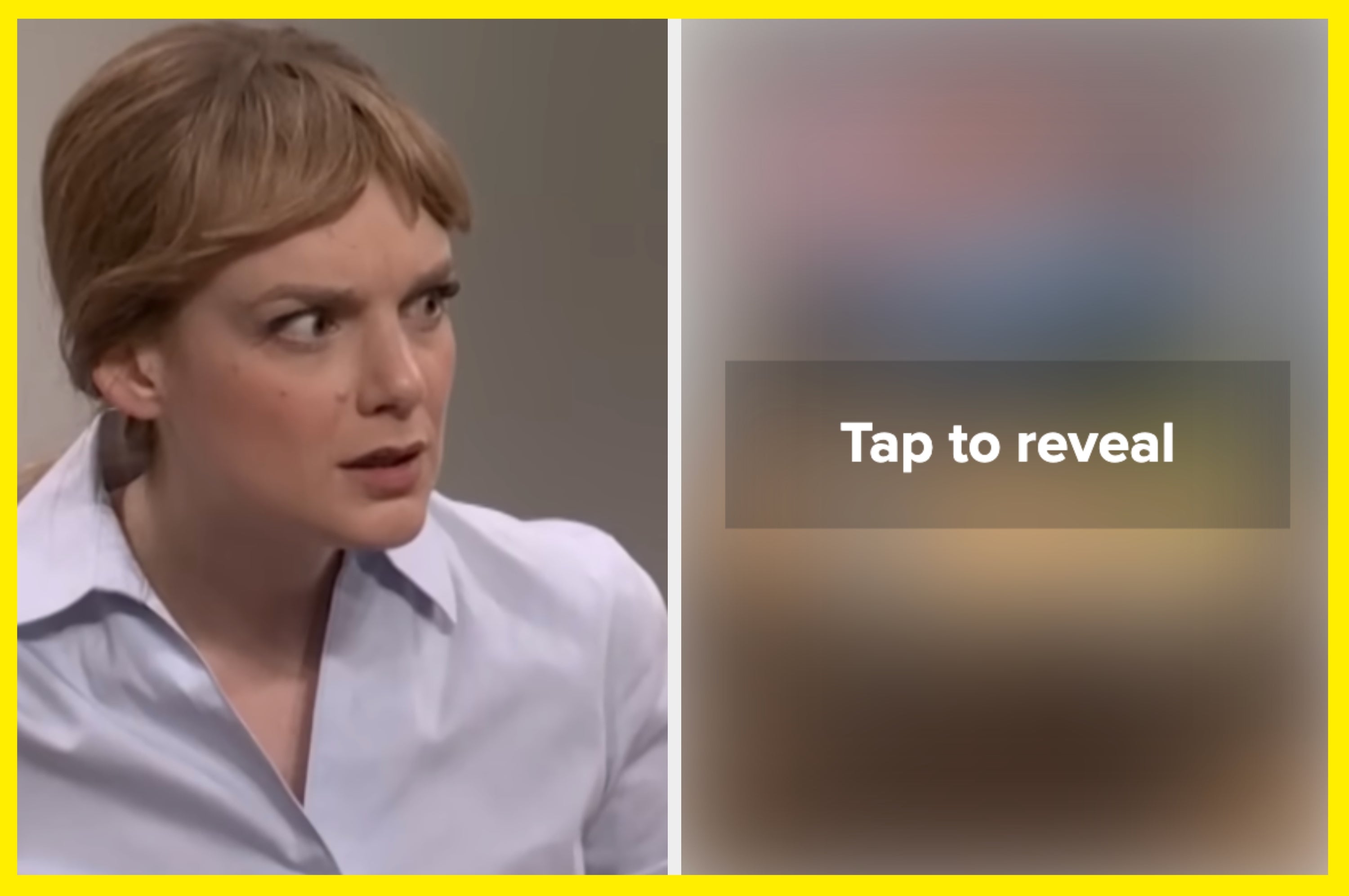 Person with an intense expression on the left; blurred image with "Tap to reveal" text on the right