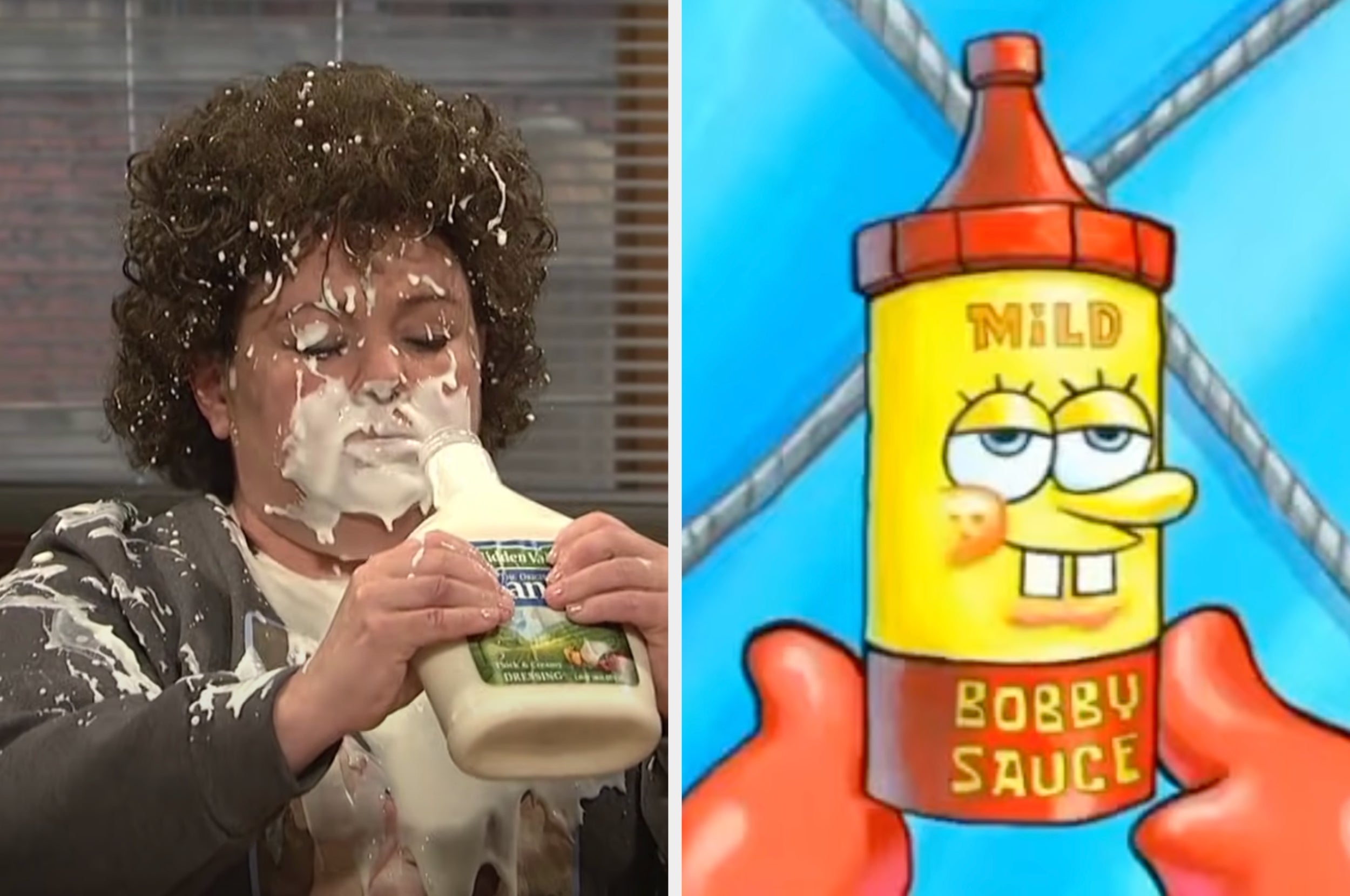 On the left, Melissa McCarthy squirting ranch in her face in an SNL sketch, and on the right, Mister Krabs from SpongeBob holding a bottle labeled Mild Bobby Sauce
