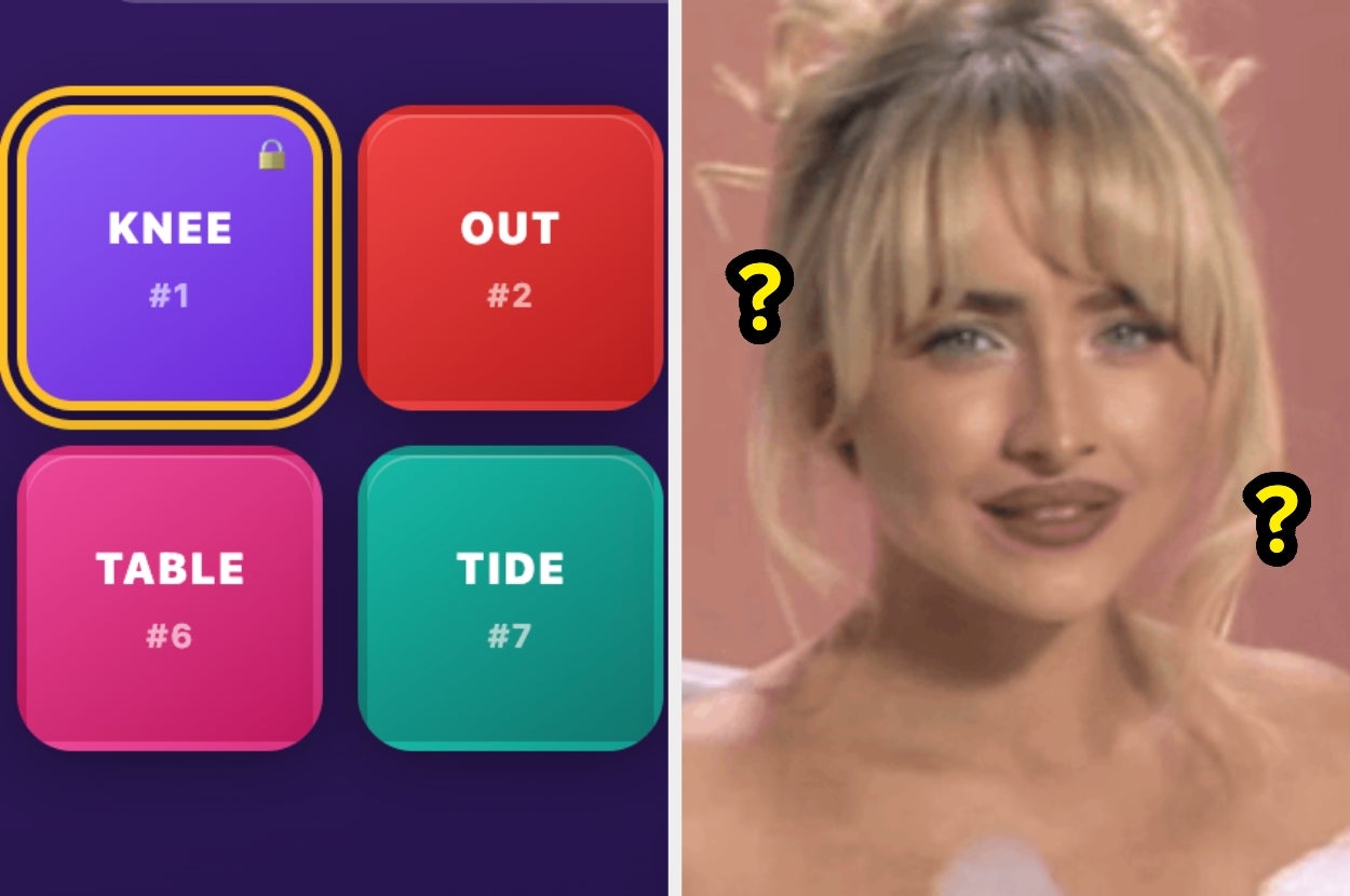 Split image: Game interface with words "knee," "out," "table," "tide" on left; puzzled person with question marks on right