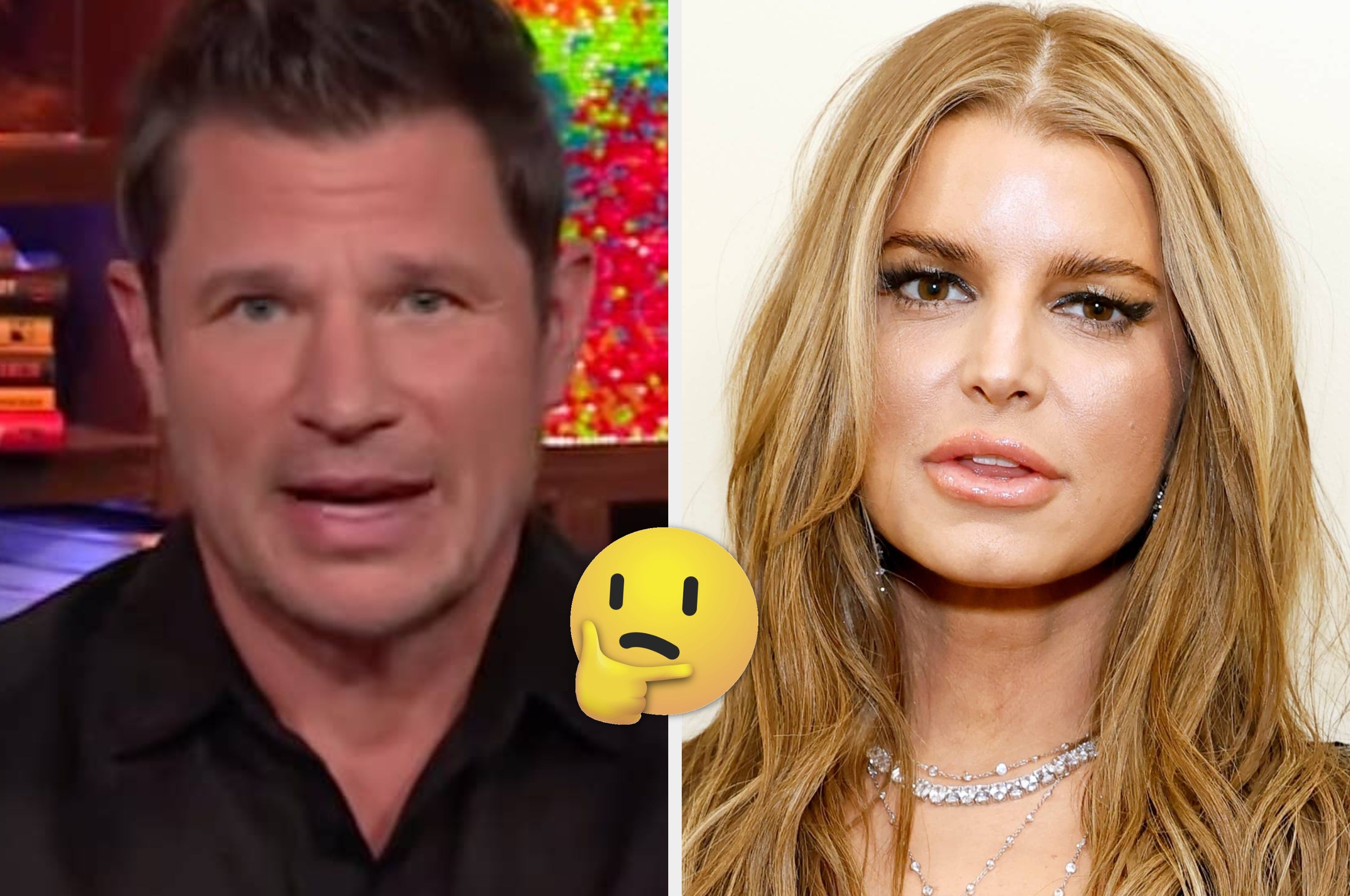 Two celebrities are shown. One is speaking in a broadcast setting, and the other has long hair, wearing pearl necklaces