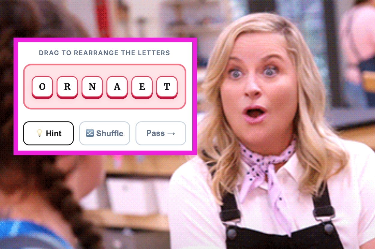 A surprised woman in overalls looks on while a word puzzle game shows scrambled letters: ORNAET