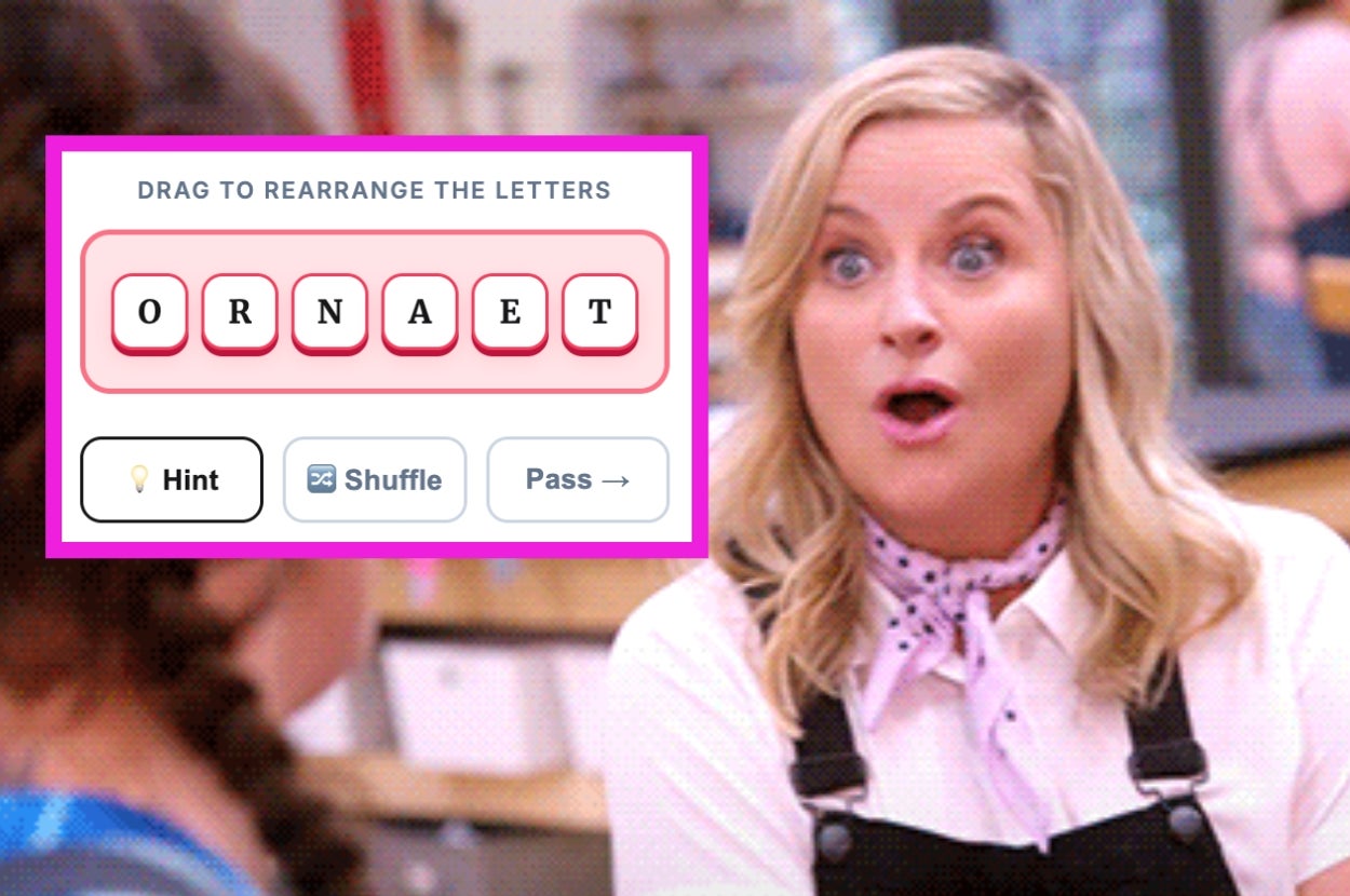 A surprised woman in overalls looks on while a word puzzle game shows scrambled letters: ORNAET