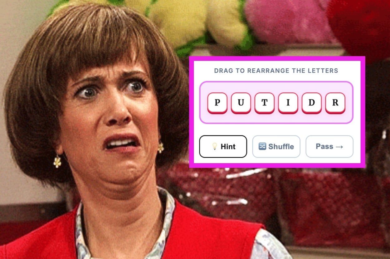 A person with a shocked expression next to a word puzzle game interface displaying the letters: PUTIDR. Options include Hint, Shuffle, and Pass