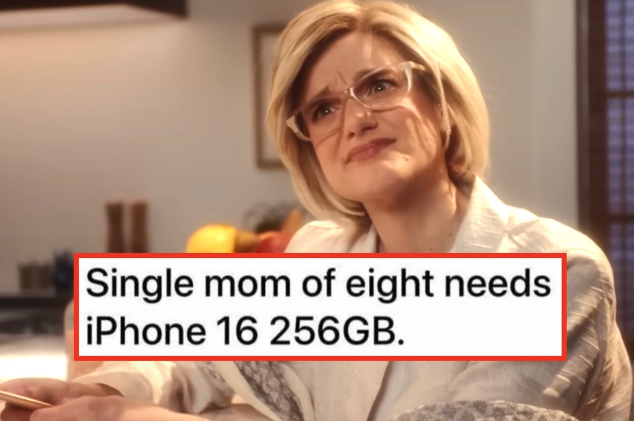 A woman with glasses looks concerned. Text: "Single mom of eight needs iPhone 16 256GB"