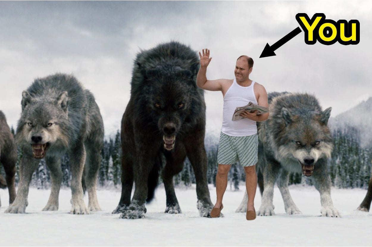 Man in casual tank top and shorts stands among giant wolves, holding a newspaper and waving