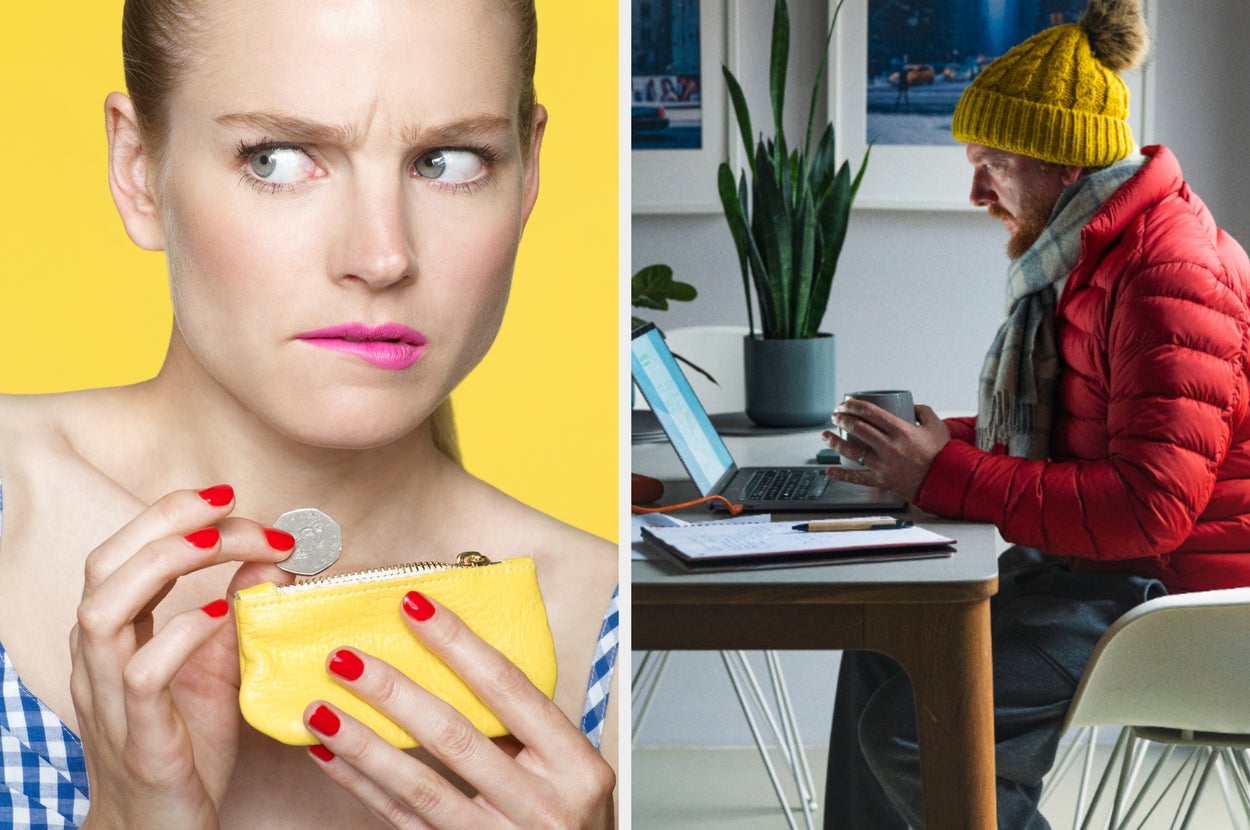 Left woman looks suspicious with a coin and wallet. Right person wears a winter outfit indoors, works on a laptop with papers nearby