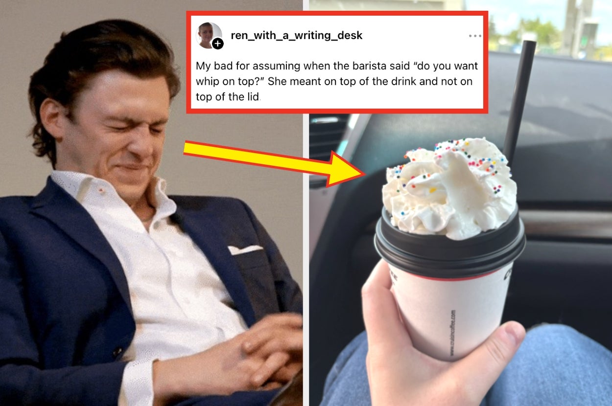 A person in a suit is wincing at a whipped cream-covered coffee lid. A tweet explains a misunderstanding about "whip on top."