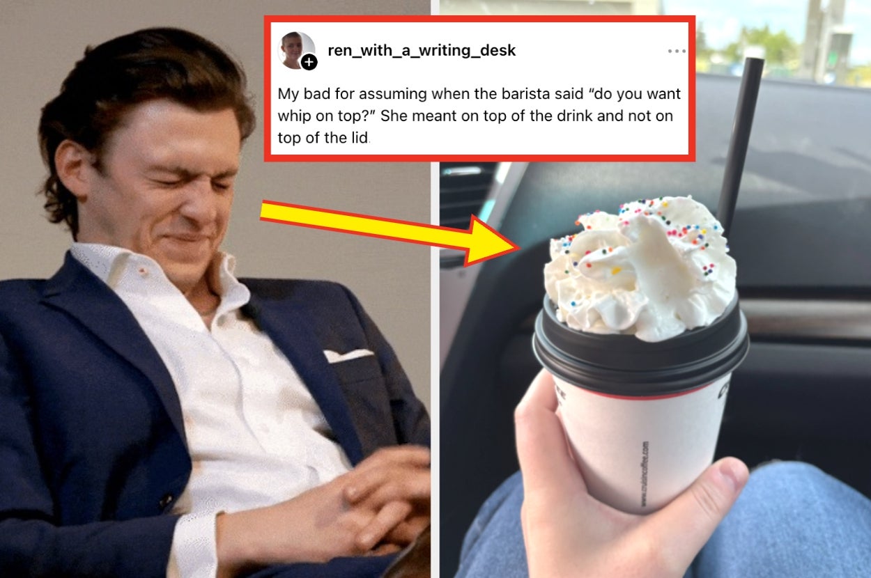A person in a suit is wincing at a whipped cream-covered coffee lid. A tweet explains a misunderstanding about "whip on top."
