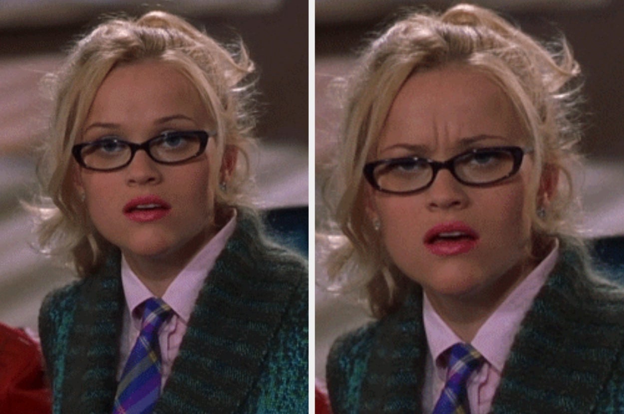 Person with glasses looks surprised and confused in two side-by-side images, wearing business attire with a tie and patterned sweater