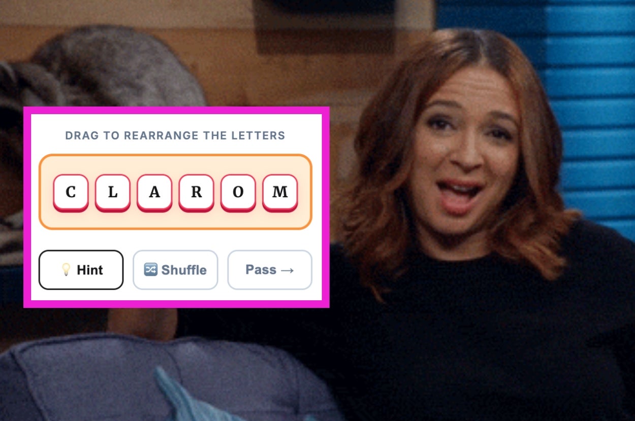 A person reacting animatedly next to a word puzzle game interface with draggable letters to form a word